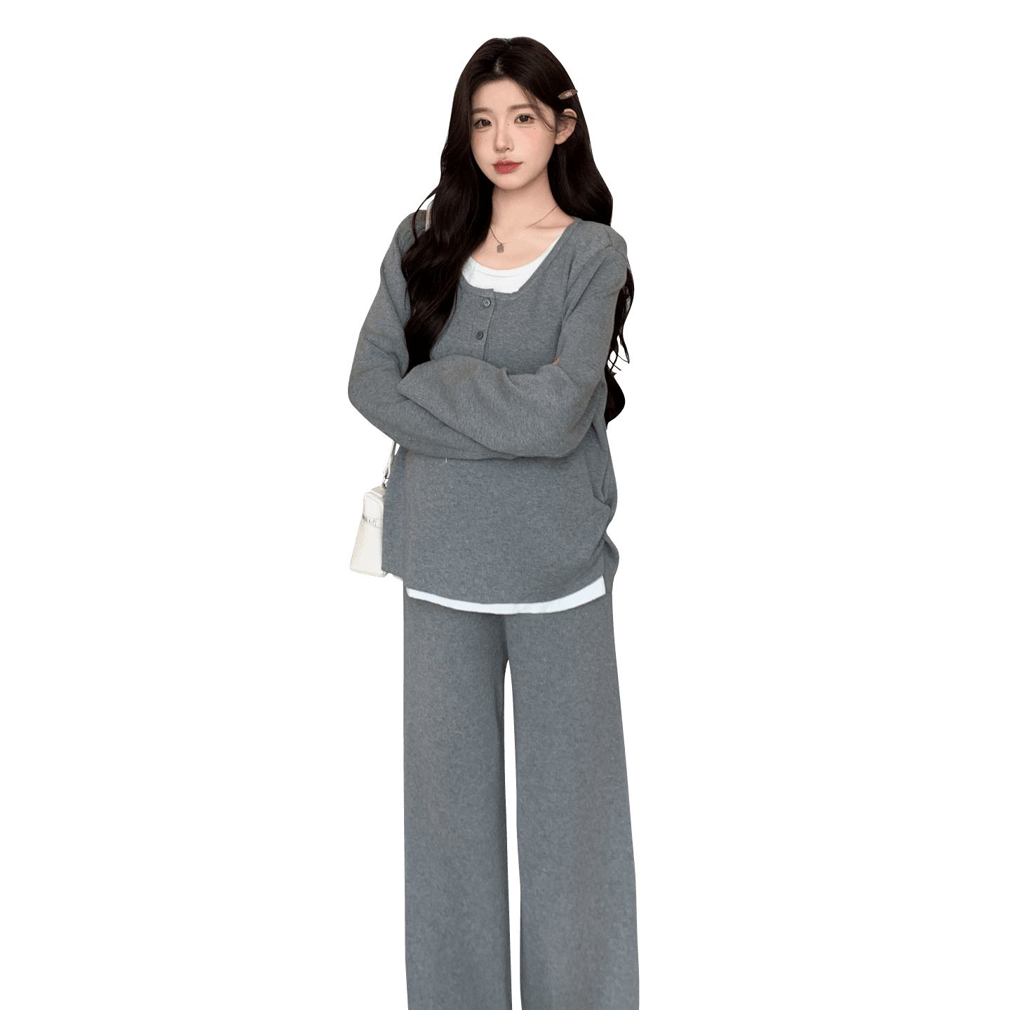 2026 가을 겨울 새로운 페이크 레이어드 라운드 넥 캐주얼 슬림해 보이는 세트 이미지 6