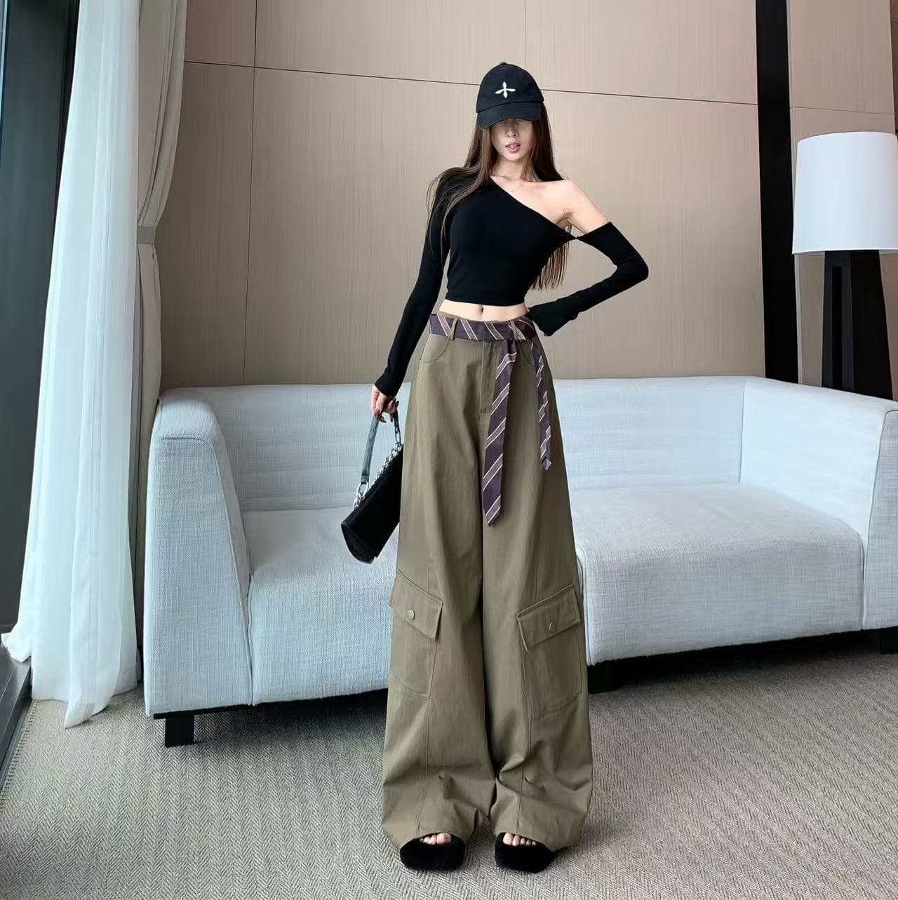 아메리칸 레트로 워크웨어 팬츠 여성 2026 가을 새로운 디자인 센스 패션 스카프 루즈핏 슬림해 보이는 캐주얼 긴 바지 트렌디
