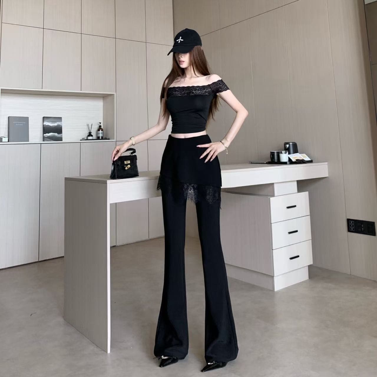 화이트 레이스 페이크 레이어드 랩스커트팬츠 부츠컷 바지 여성 2026 봄 여름 새로운 하이웨이스트 슬림해 보이는 패션 캐주얼 바닥 청소 바지 이미지 4