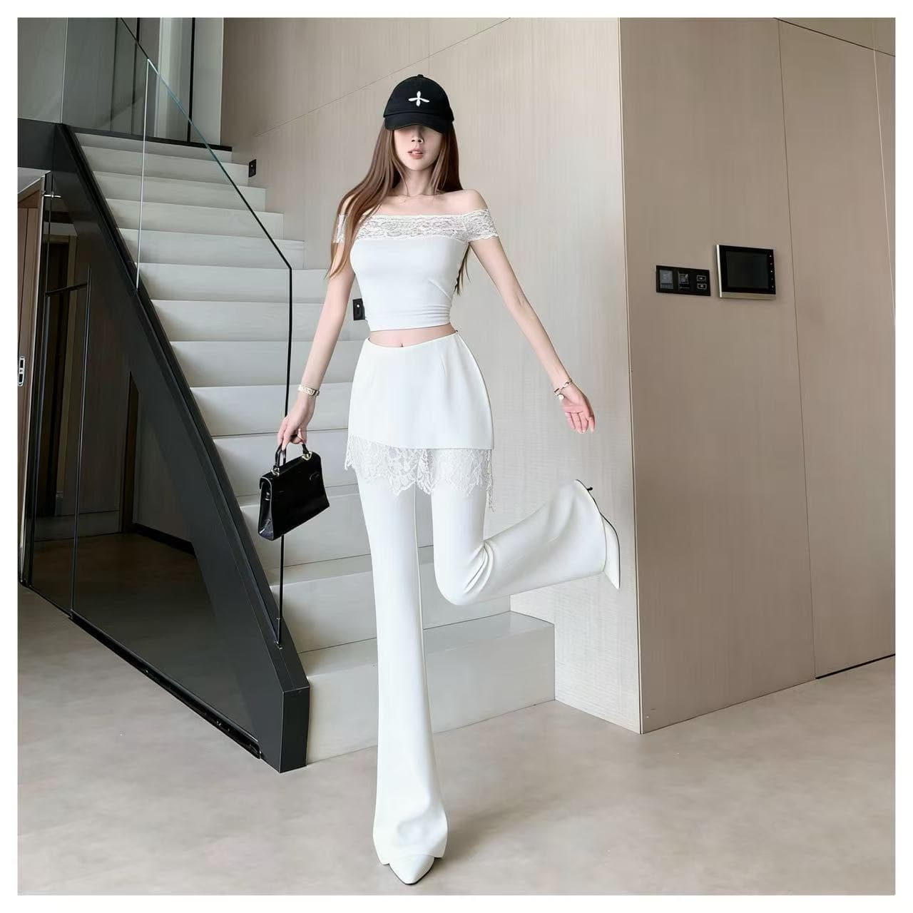 화이트 레이스 페이크 레이어드 랩스커트팬츠 부츠컷 바지 여성 2026 봄 여름 새로운 하이웨이스트 슬림해 보이는 패션 캐주얼 바닥 청소 바지 상세 이미지 1