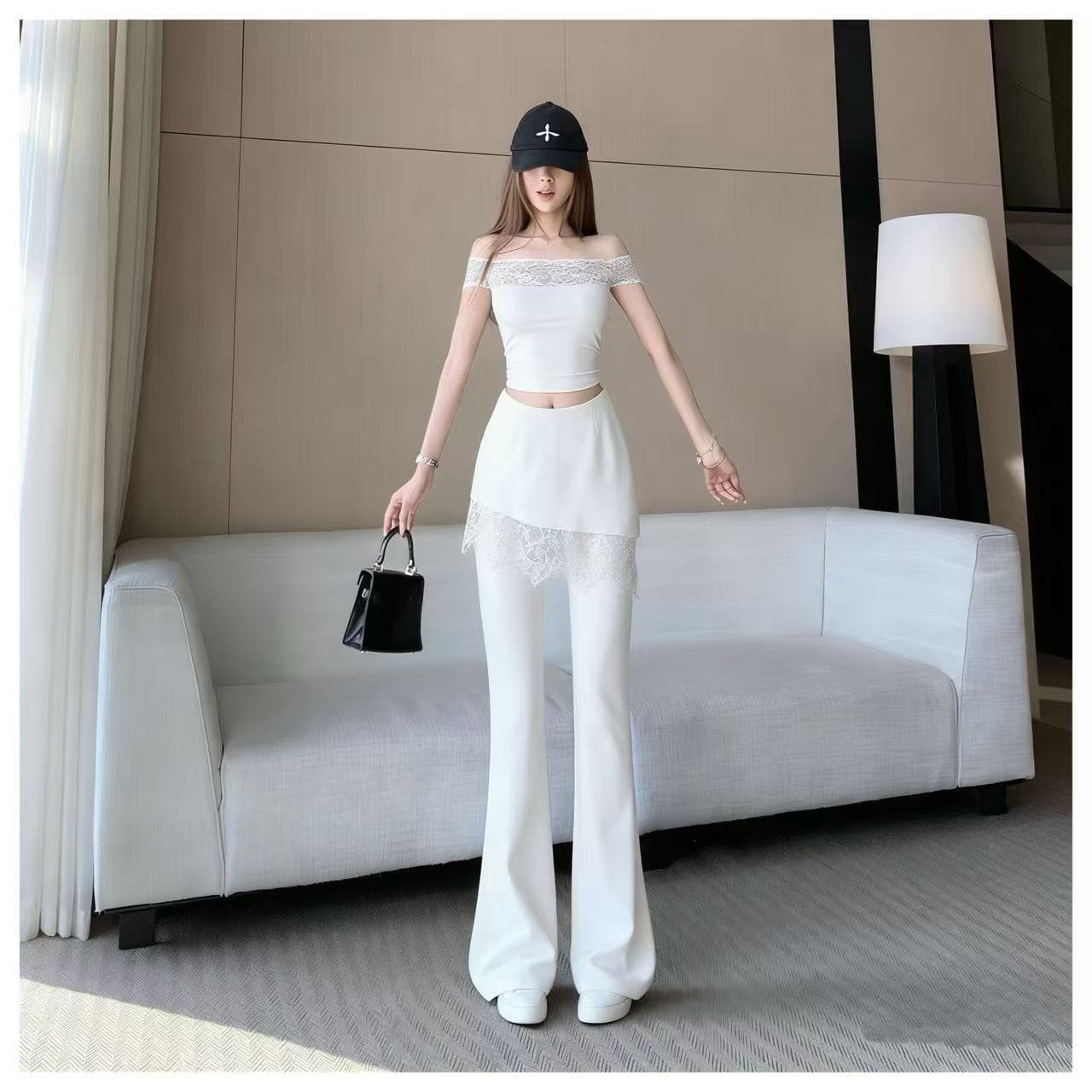화이트 레이스 페이크 레이어드 랩스커트팬츠 부츠컷 바지 여성 2026 봄 여름 새로운 하이웨이스트 슬림해 보이는 패션 캐주얼 바닥 청소 바지 상세 이미지 2