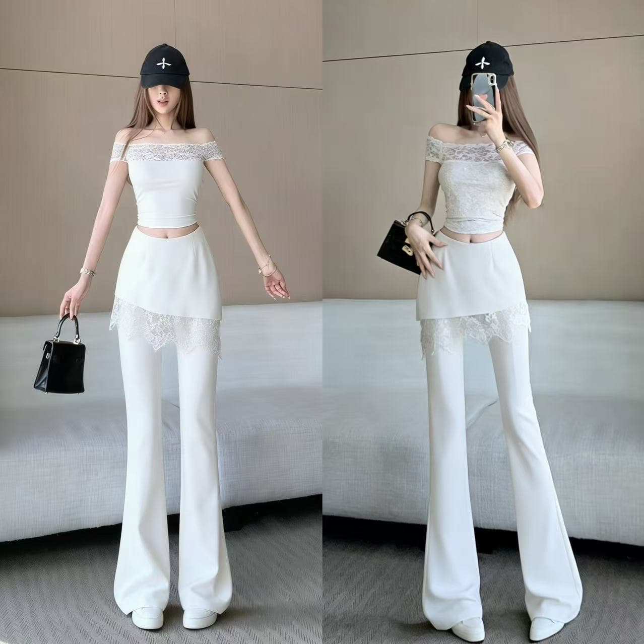 화이트 레이스 페이크 레이어드 랩스커트팬츠 부츠컷 바지 여성 2026 봄 여름 새로운 하이웨이스트 슬림해 보이는 패션 캐주얼 바닥 청소 바지