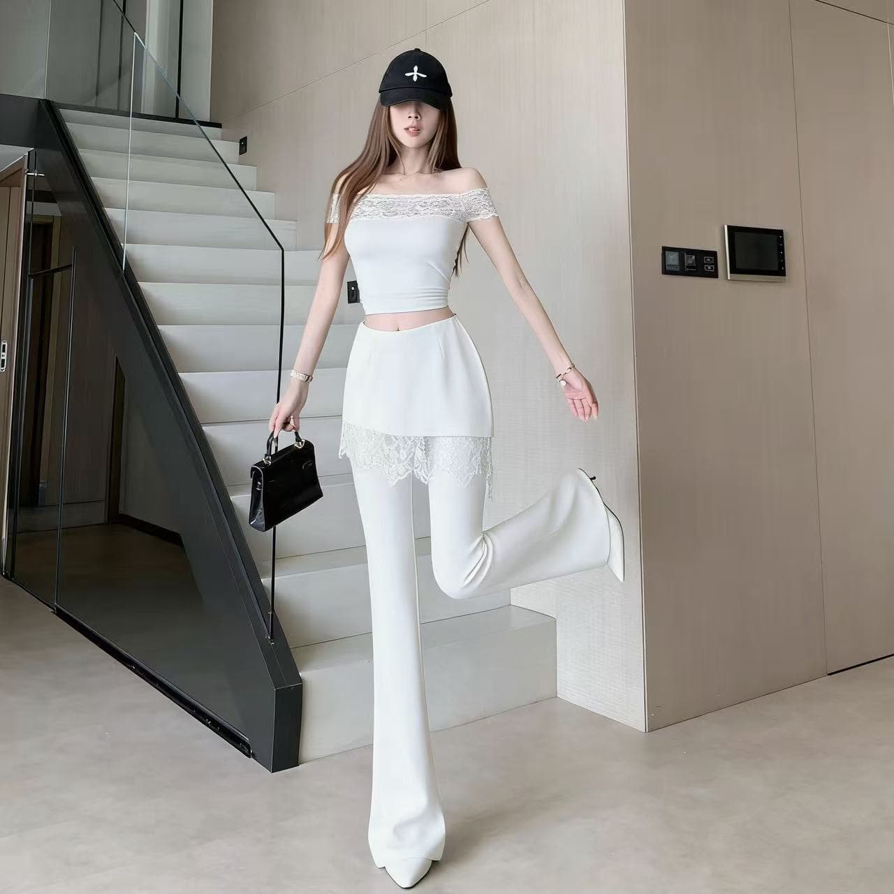화이트 레이스 페이크 레이어드 랩스커트팬츠 부츠컷 바지 여성 2026 봄 여름 새로운 하이웨이스트 슬림해 보이는 패션 캐주얼 바닥 청소 바지 이미지 3