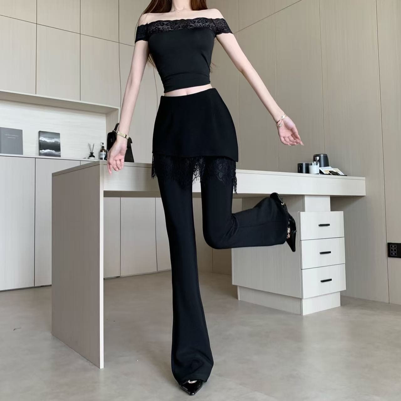 화이트 레이스 페이크 레이어드 랩스커트팬츠 부츠컷 바지 여성 2026 봄 여름 새로운 하이웨이스트 슬림해 보이는 패션 캐주얼 바닥 청소 바지 이미지 5