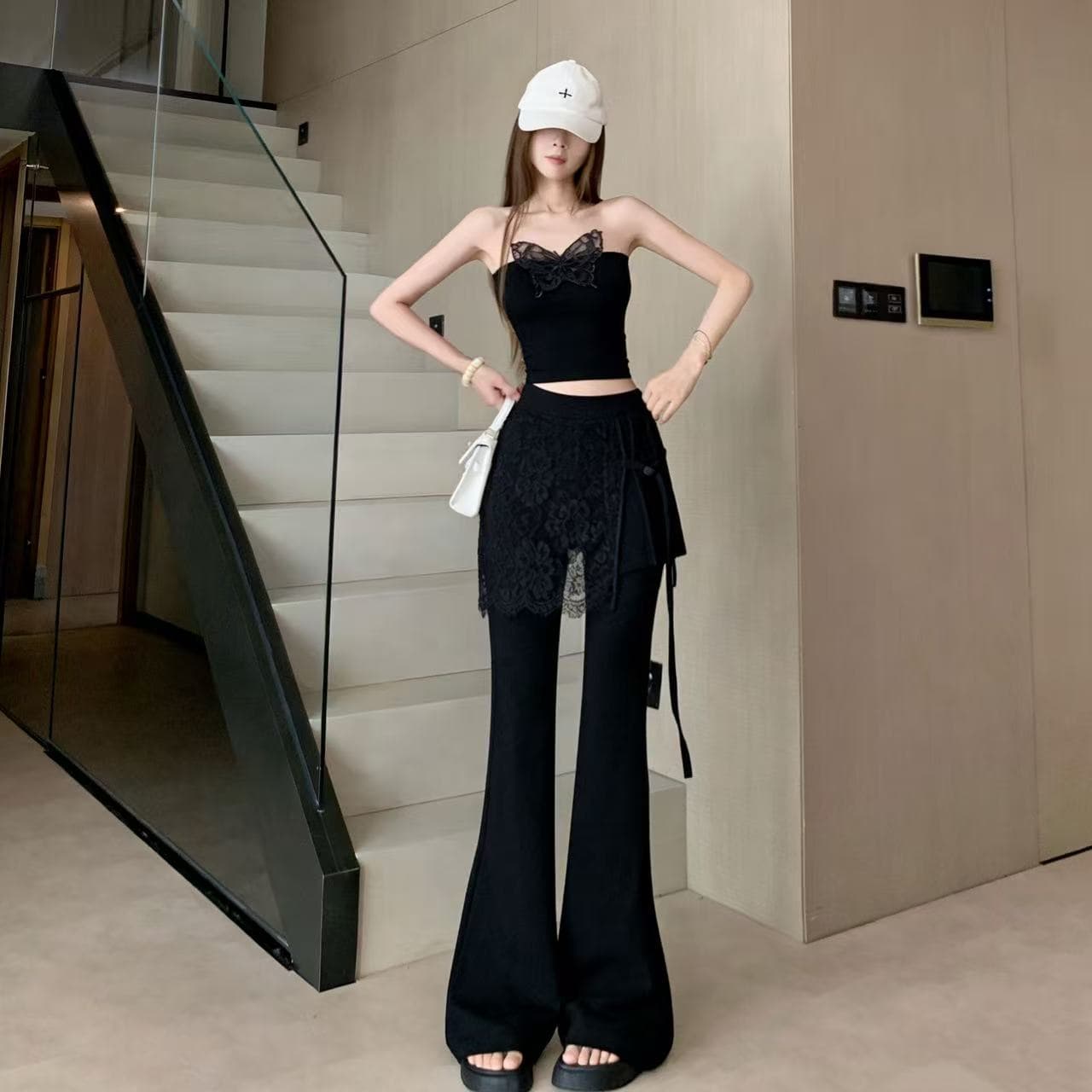 높은 품질 레이스 조각 랩스커트팬츠 부츠컷 바지 여성 2026 봄 여름 새로운 하이웨이스트 몸매 가꾸기 슬림해 보이는 도루 센스 바닥 청소 바지 이미지 4