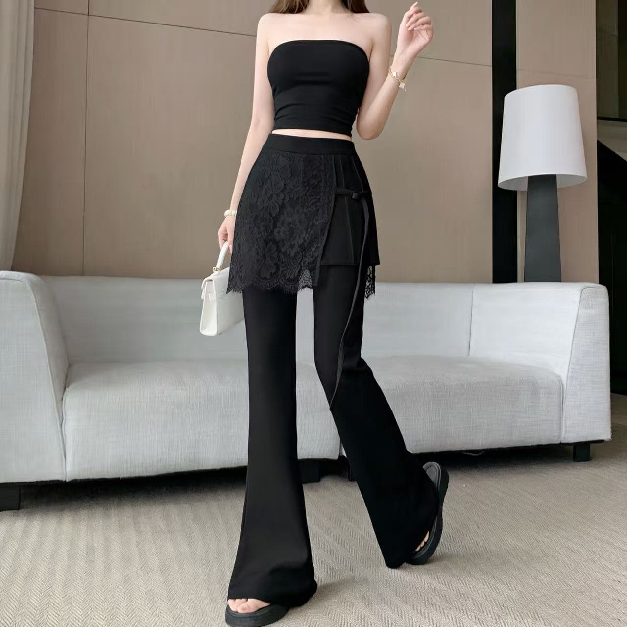 높은 품질 레이스 조각 랩스커트팬츠 부츠컷 바지 여성 2026 봄 여름 새로운 하이웨이스트 몸매 가꾸기 슬림해 보이는 도루 센스 바닥 청소 바지 이미지 5