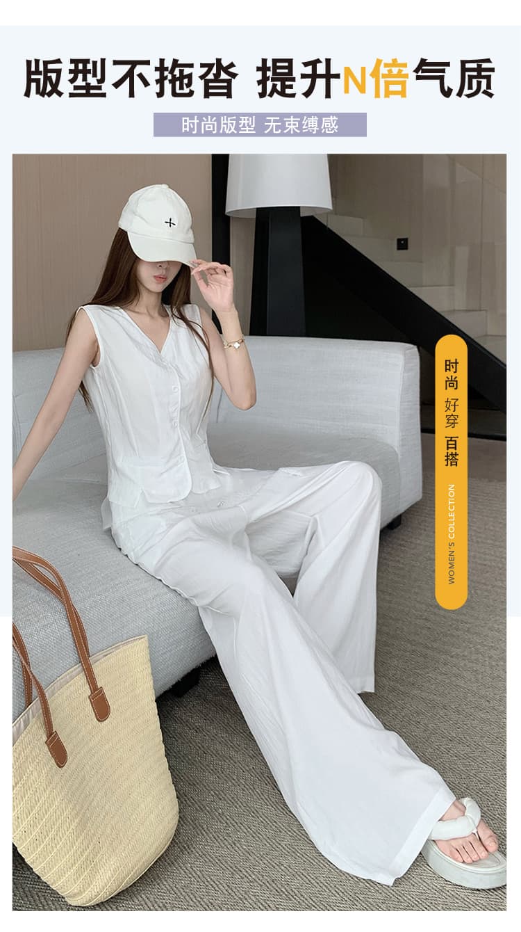 한 부서 품격 화이트 연령 감소 세트 여성 2026 여름 새로운 V넥 베스트 레이스 랩스커트팬츠 캐주얼 와이드 레그 팬츠 상세 이미지 8