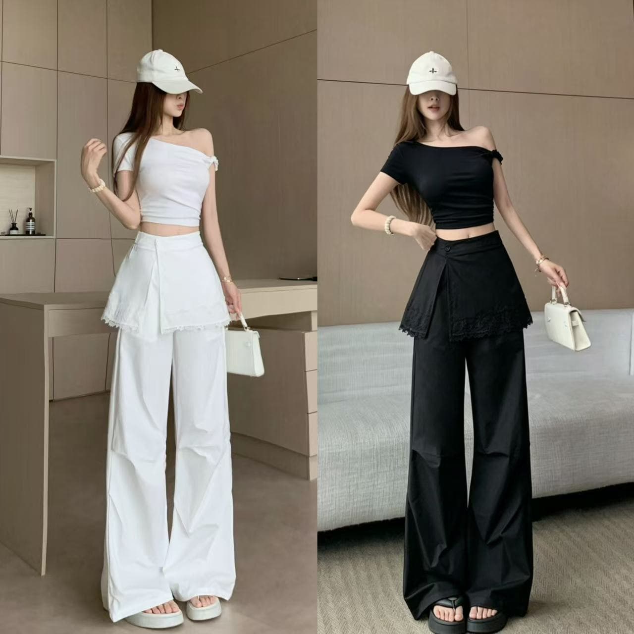 한 부서 화이트 레이스 레이스 랩스커트팬츠 캐주얼 바지 여성 2026 봄 여름 새로운 하이웨이스트 슬림해 보이는 투피스 세트 와이드 레그 팬츠
