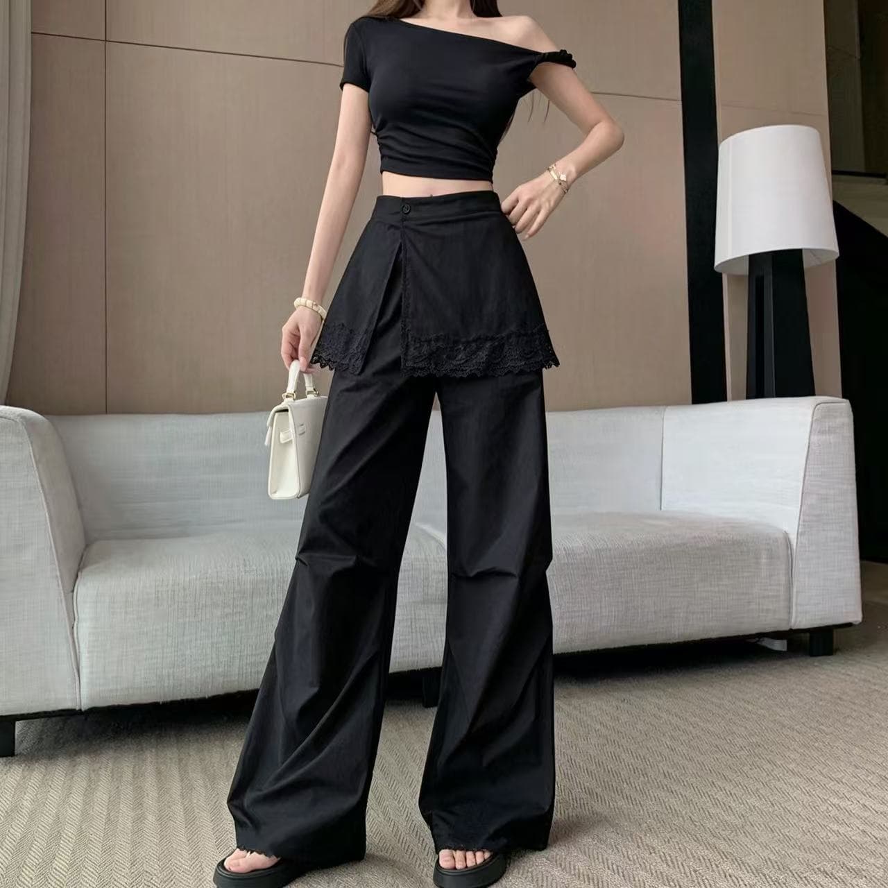 한 부서 화이트 레이스 레이스 랩스커트팬츠 캐주얼 바지 여성 2026 봄 여름 새로운 하이웨이스트 슬림해 보이는 투피스 세트 와이드 레그 팬츠 이미지 5