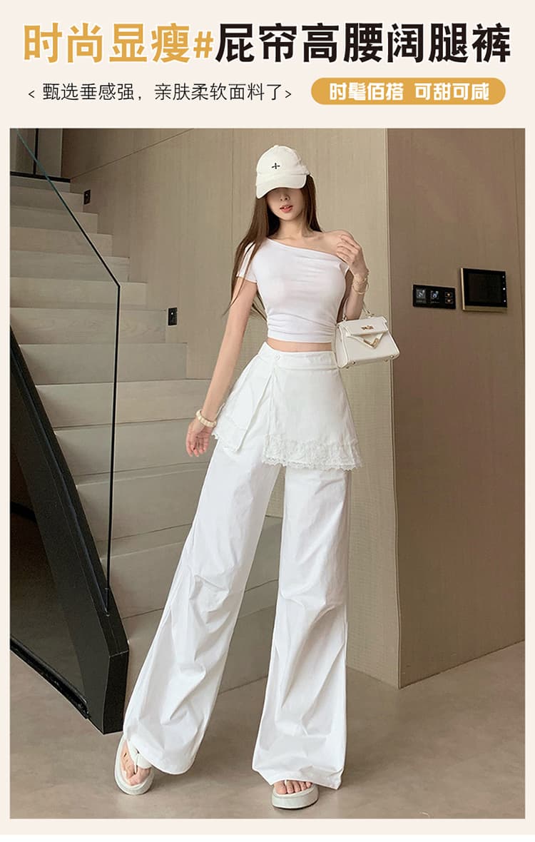한 부서 화이트 레이스 레이스 랩스커트팬츠 캐주얼 바지 여성 2026 봄 여름 새로운 하이웨이스트 슬림해 보이는 투피스 세트 와이드 레그 팬츠 상세 이미지 1