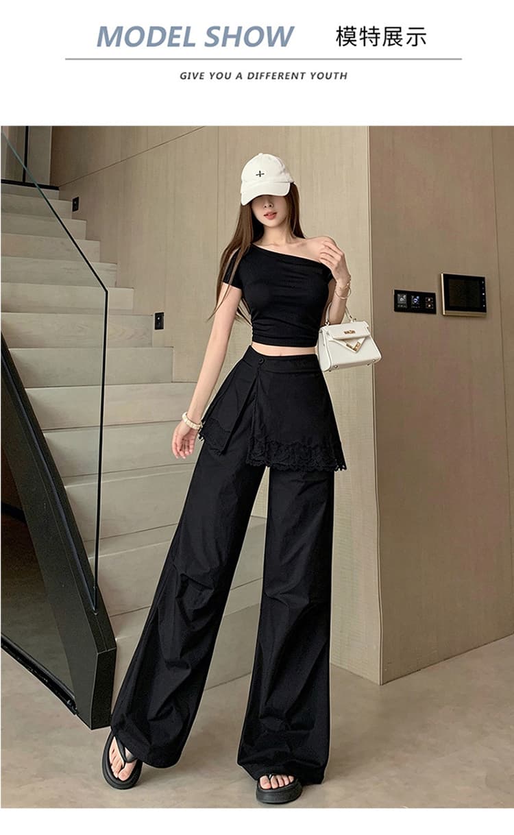 한 부서 화이트 레이스 레이스 랩스커트팬츠 캐주얼 바지 여성 2026 봄 여름 새로운 하이웨이스트 슬림해 보이는 투피스 세트 와이드 레그 팬츠 상세 이미지 17