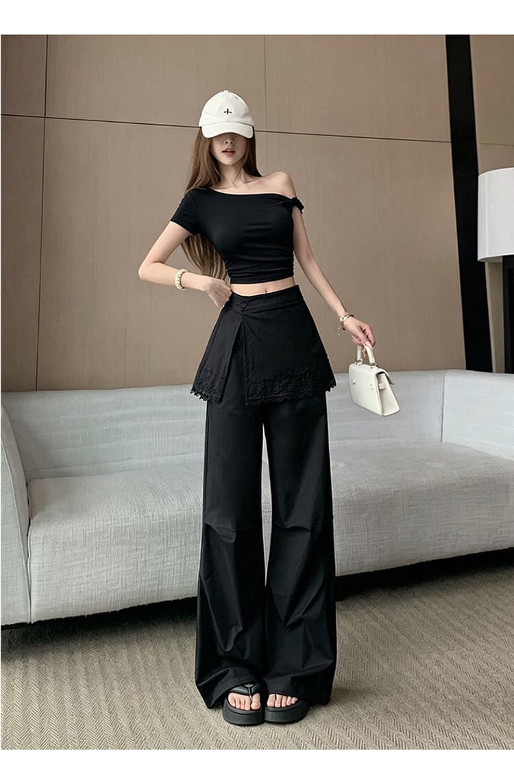 한 부서 화이트 레이스 레이스 랩스커트팬츠 캐주얼 바지 여성 2026 봄 여름 새로운 하이웨이스트 슬림해 보이는 투피스 세트 와이드 레그 팬츠 상세 이미지 19