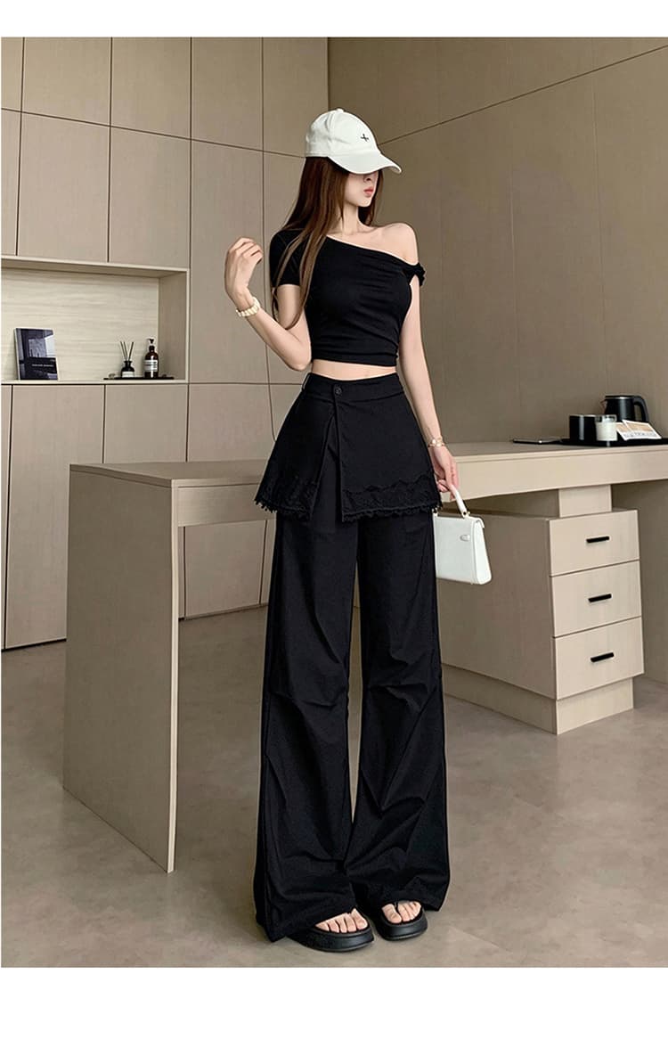 한 부서 화이트 레이스 레이스 랩스커트팬츠 캐주얼 바지 여성 2026 봄 여름 새로운 하이웨이스트 슬림해 보이는 투피스 세트 와이드 레그 팬츠 상세 이미지 22