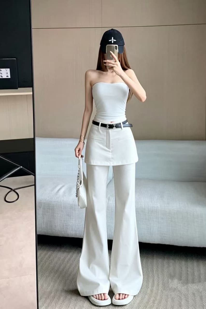 높은 품질 페이크 레이어드 랩스커트팬츠 부츠컷 바지 여성 2026 여름 새로운 패션 하이웨이스트 슬림해 보이는 도루 센스 캐주얼 긴 바지 이미지 6