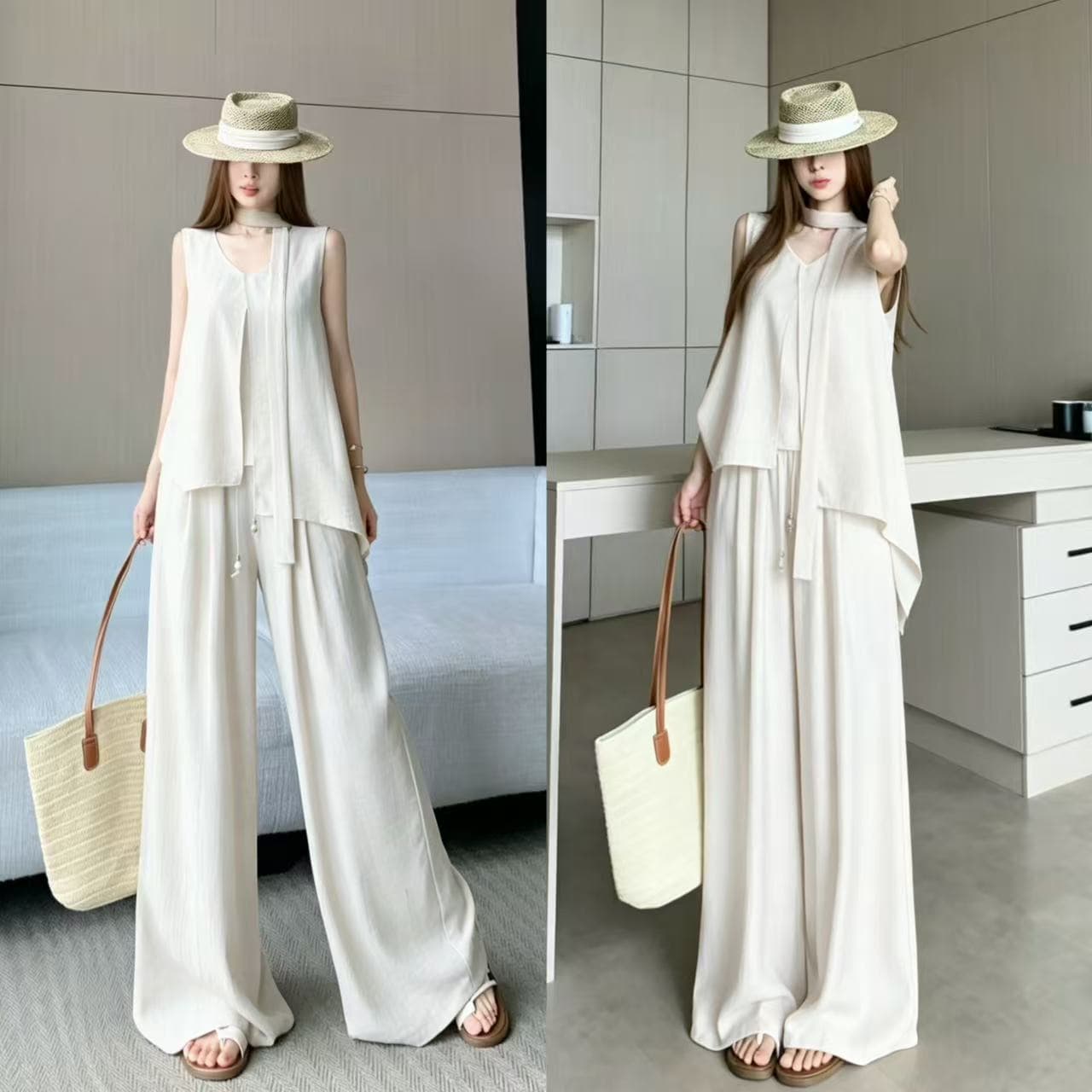 고급 센스 느긋한 바람 세트 여성 V넥 불규칙 외국 가스 리본 맨위 하이웨이스트 슬림해 보이는 차가운 센스 와이드 레그 팬츠 트렌디