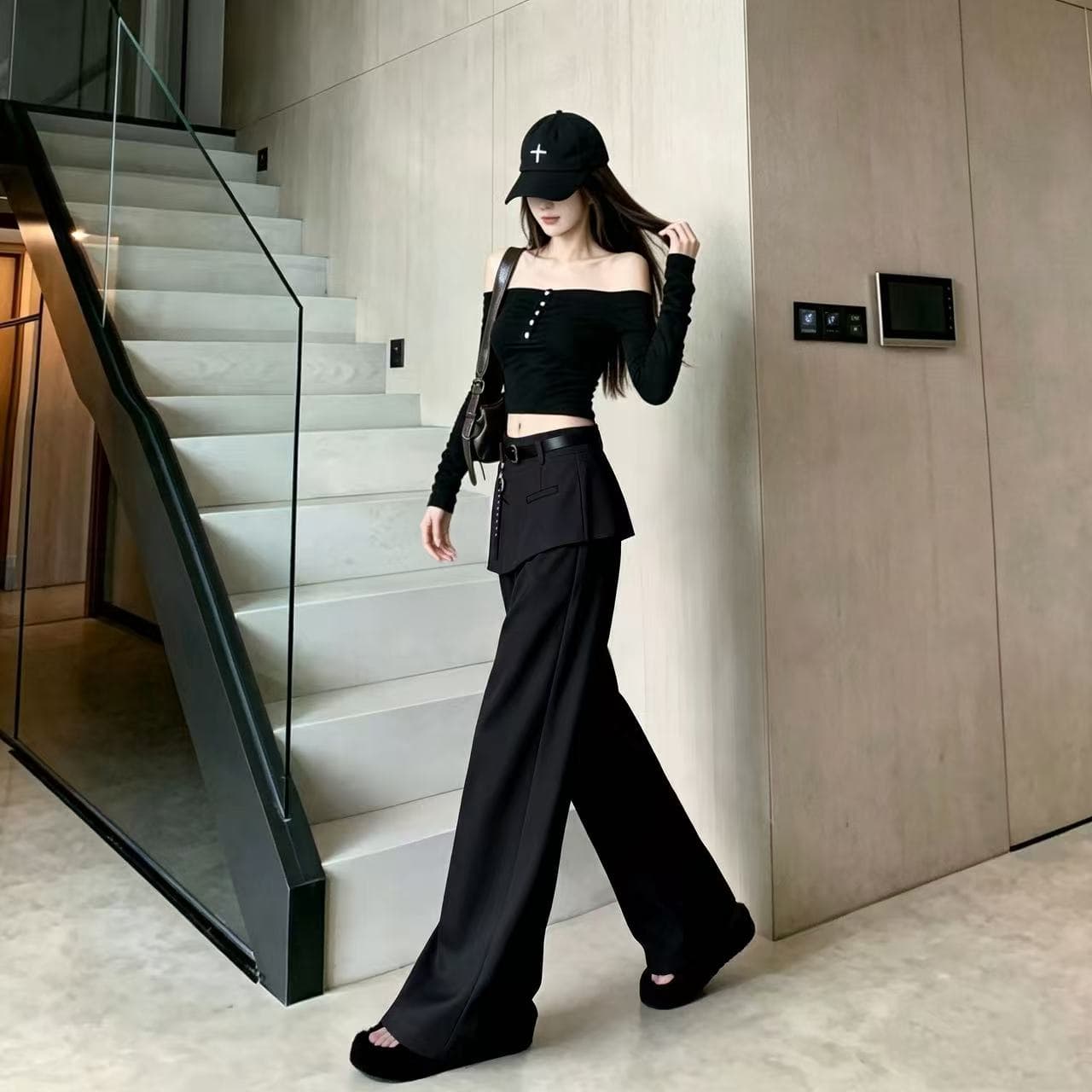 어두운 회색 방귀 커튼 페이크 레이어드 와이드 레깅스 바지 2026 가을 새로운 루즈핏 슬림해 보이는 표지 넓적 다리 캐주얼 바닥 청소 바지 트렌디 이미지 5