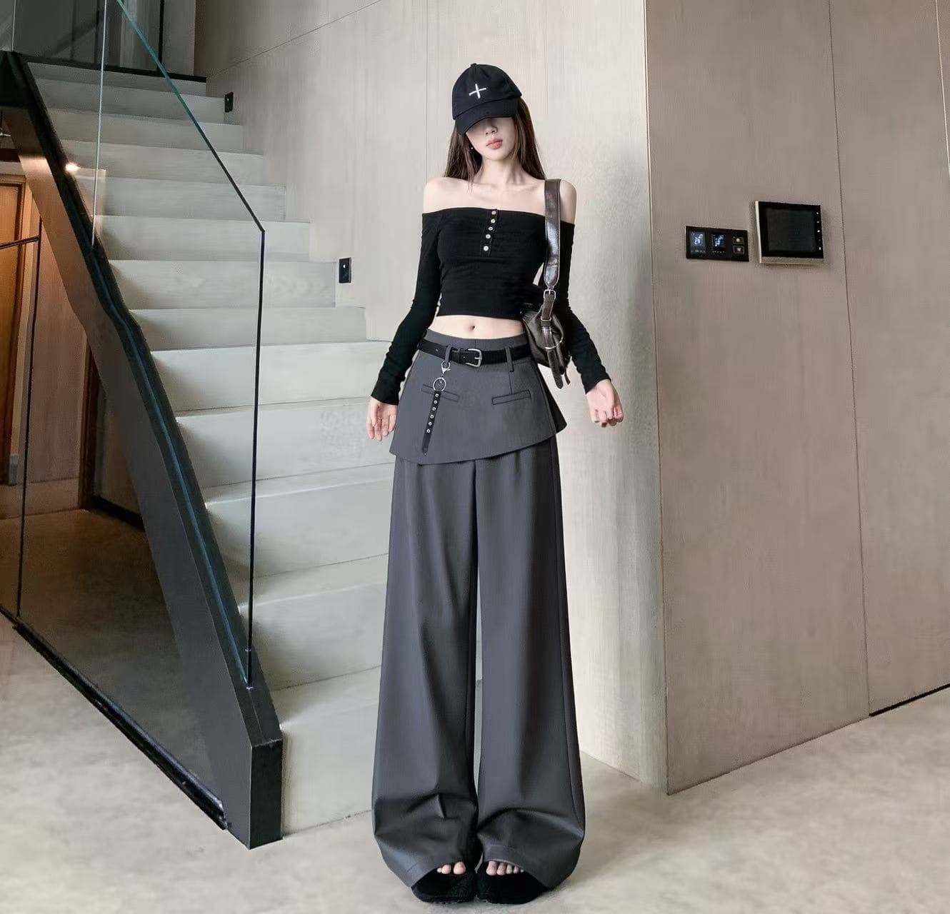 어두운 회색 방귀 커튼 페이크 레이어드 와이드 레깅스 바지 2026 가을 새로운 루즈핏 슬림해 보이는 표지 넓적 다리 캐주얼 바닥 청소 바지 트렌디
