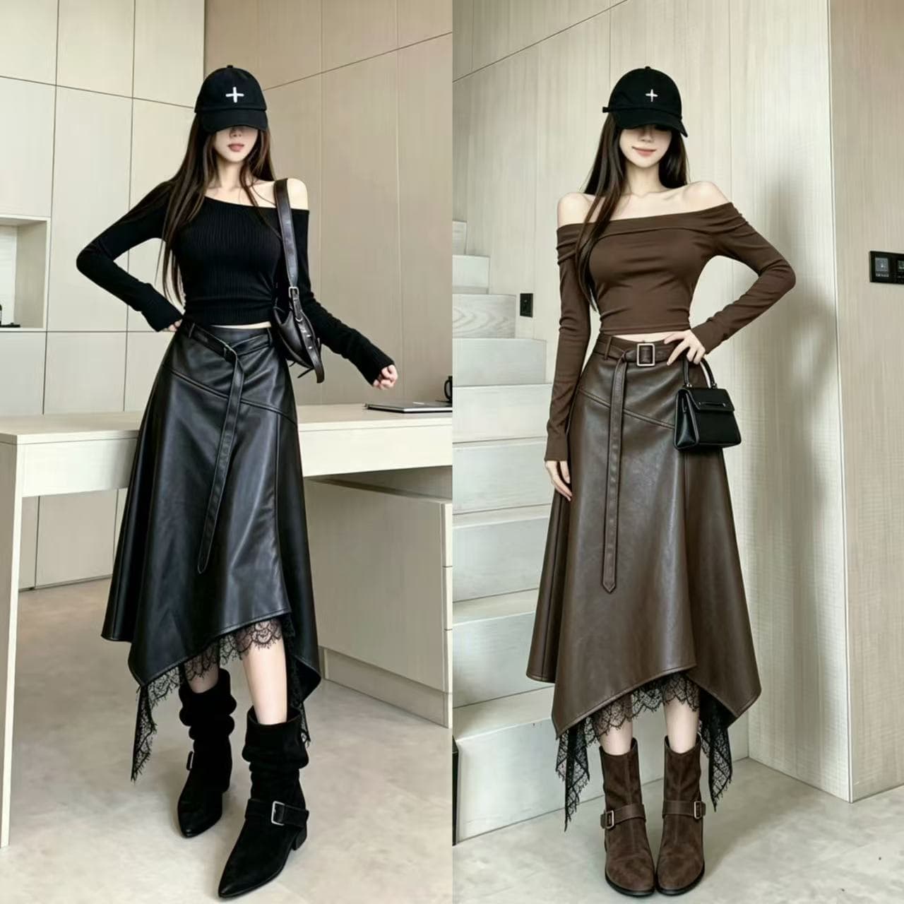 레트로 커피 색상 단백질 가죽 스커트 여성 2026 가을 새로운 밑단 패치워크 레이스 하이웨이스트 슬림해 보이는 캐주얼 반신 스커트