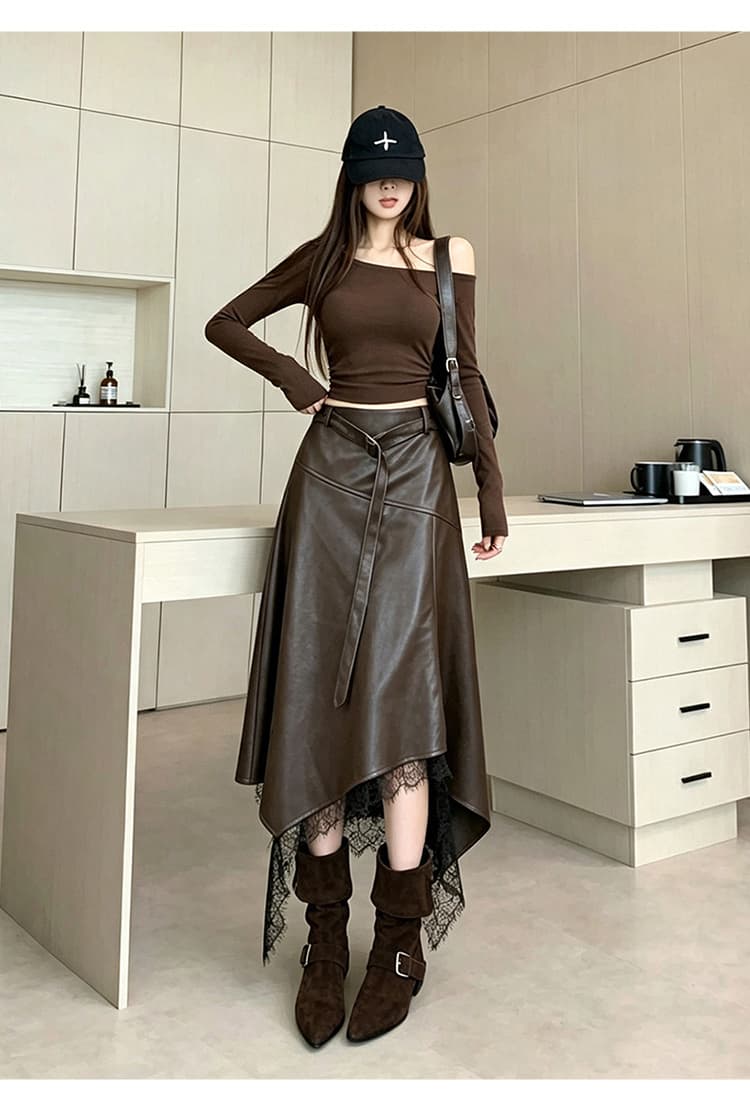 레트로 커피 색상 단백질 가죽 스커트 여성 2026 가을 새로운 밑단 패치워크 레이스 하이웨이스트 슬림해 보이는 캐주얼 반신 스커트 상세 이미지 27