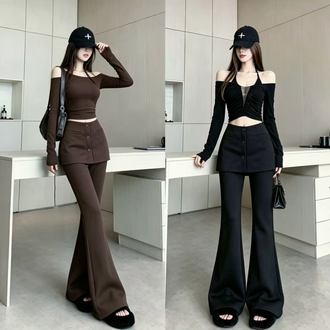높은 품질 커피 색상 페이크 레이어드 방귀 커튼 부츠컷 바지 여성 2026 가을 새로운 하이웨이스트 슬림해 보이는 캐주얼 바닥 청소 바지 트렌디