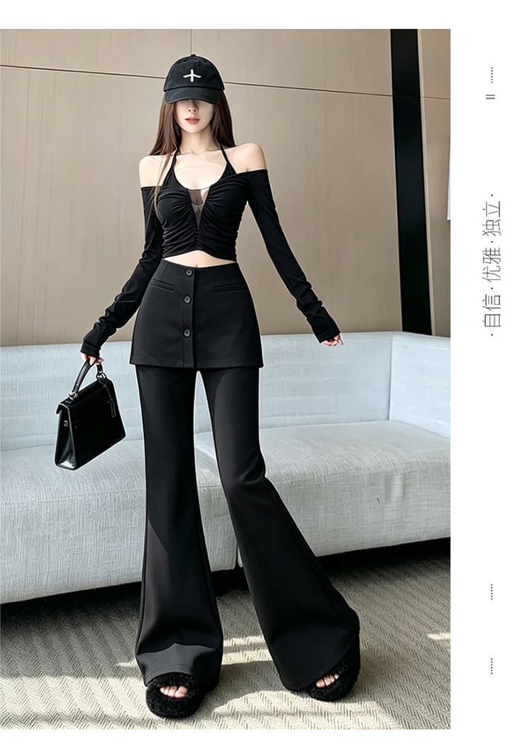 높은 품질 커피 색상 페이크 레이어드 방귀 커튼 부츠컷 바지 여성 2026 가을 새로운 하이웨이스트 슬림해 보이는 캐주얼 바닥 청소 바지 트렌디 상세 이미지 27