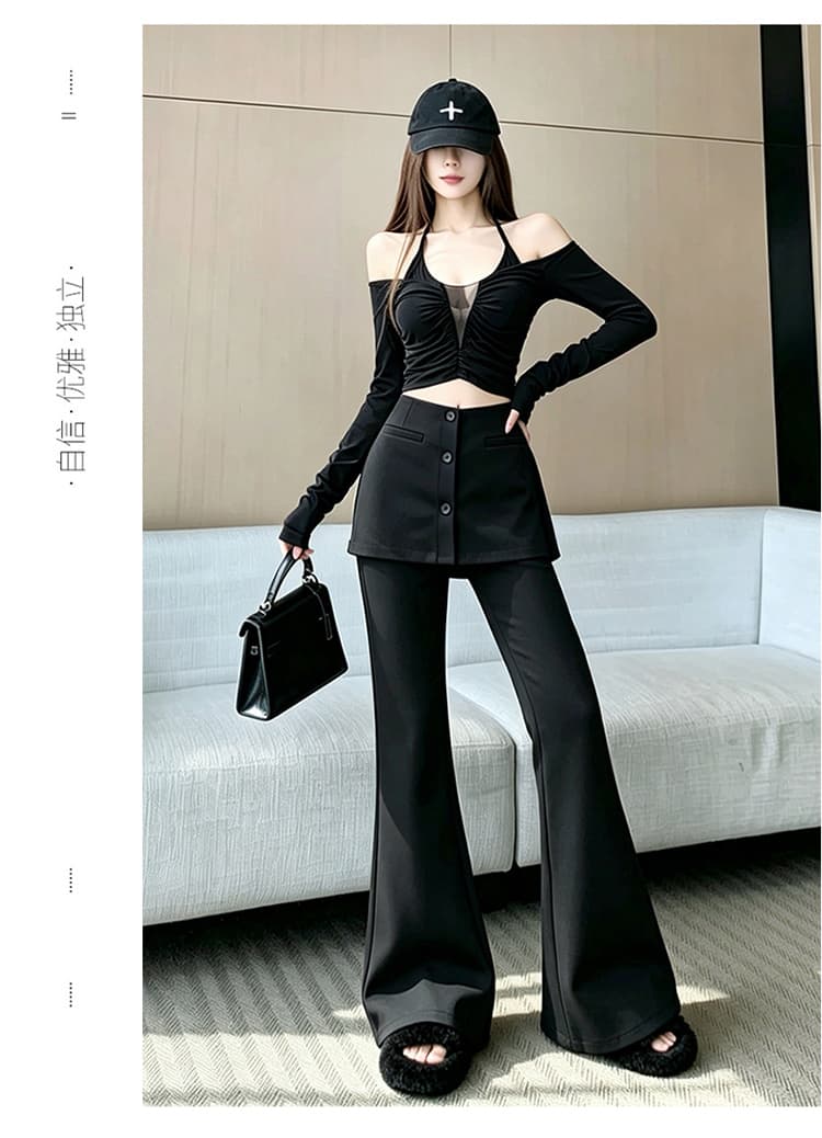 높은 품질 커피 색상 페이크 레이어드 방귀 커튼 부츠컷 바지 여성 2026 가을 새로운 하이웨이스트 슬림해 보이는 캐주얼 바닥 청소 바지 트렌디 상세 이미지 28