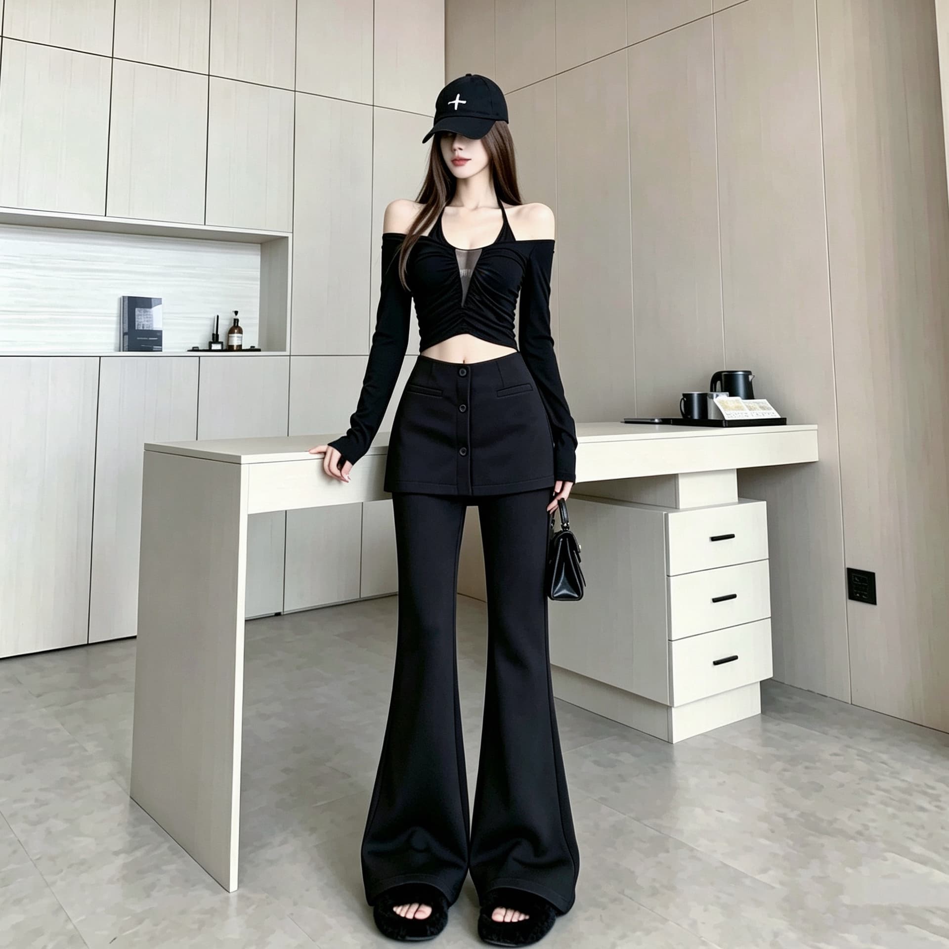 높은 품질 커피 색상 페이크 레이어드 방귀 커튼 부츠컷 바지 여성 2026 가을 새로운 하이웨이스트 슬림해 보이는 캐주얼 바닥 청소 바지 트렌디 이미지 4