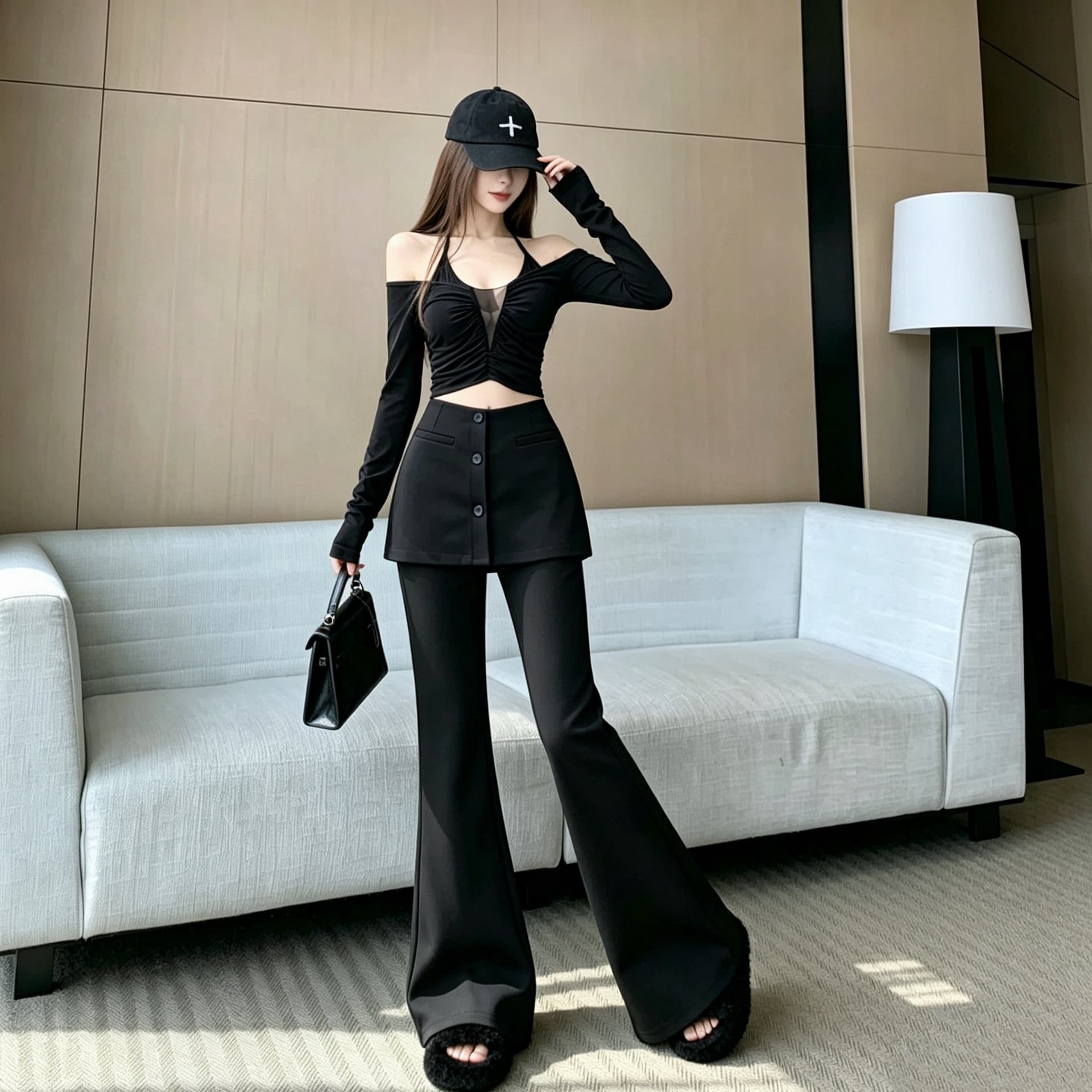 높은 품질 커피 색상 페이크 레이어드 방귀 커튼 부츠컷 바지 여성 2026 가을 새로운 하이웨이스트 슬림해 보이는 캐주얼 바닥 청소 바지 트렌디 이미지 5