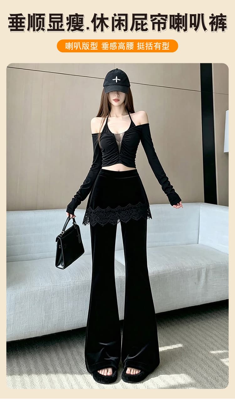 높은 품질 검정색 벨벳 부츠컷 바지 여성 2026 가을 새로운 레이스 조각 방귀 커튼 하이웨이스트 슬림해 보이는 바닥 청소 바지 상세 이미지 1