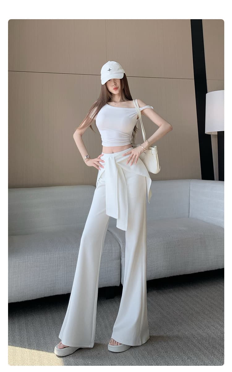 랩스커트팬츠 스트랩 부츠컷 바지 여성 하이웨이스트 몸매 가꾸기 슬림해 보이는 캐주얼 바지 검정색 화이트 패션 찹쌀 나팔 바지 상세 이미지 4
