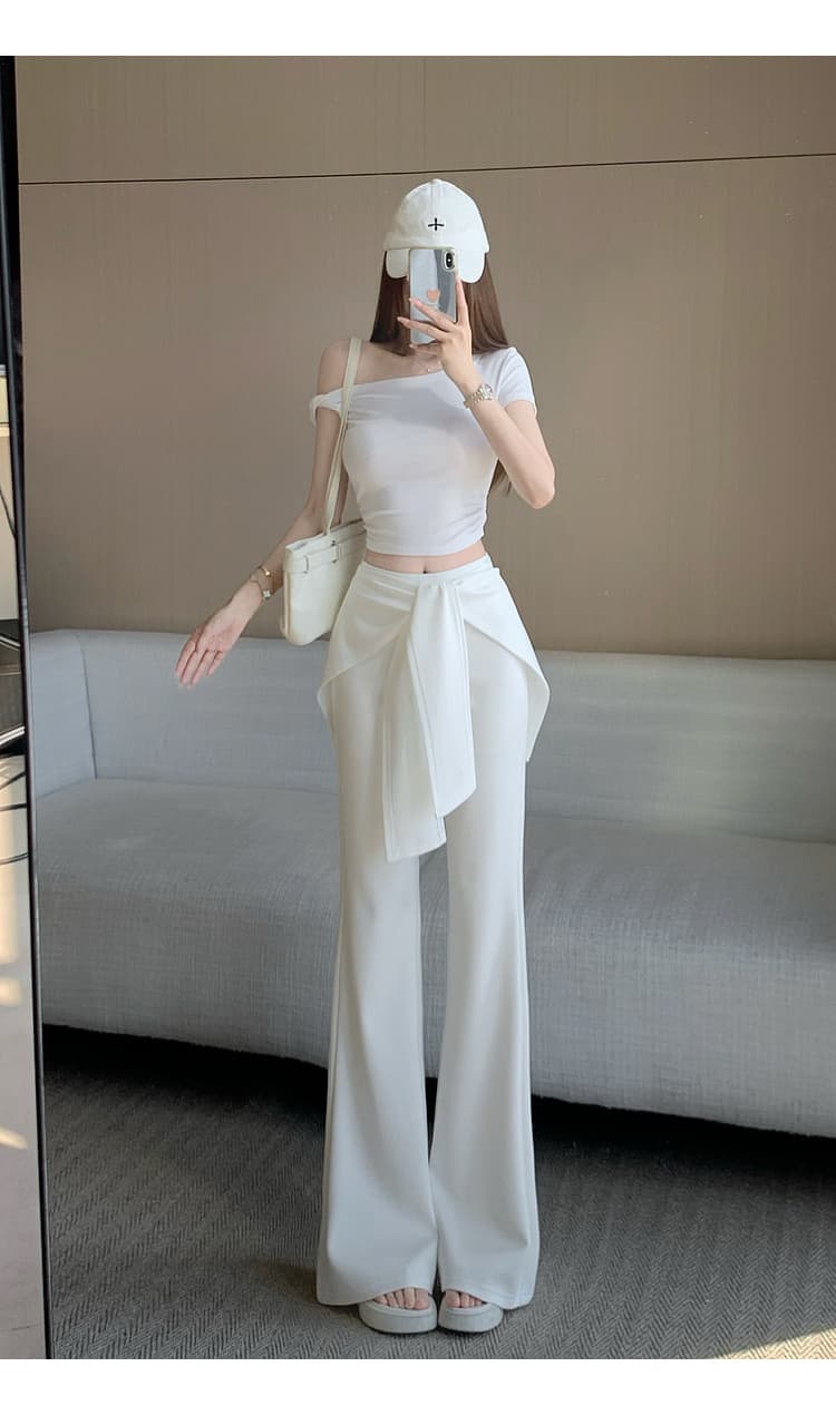 랩스커트팬츠 스트랩 부츠컷 바지 여성 하이웨이스트 몸매 가꾸기 슬림해 보이는 캐주얼 바지 검정색 화이트 패션 찹쌀 나팔 바지 상세 이미지 12