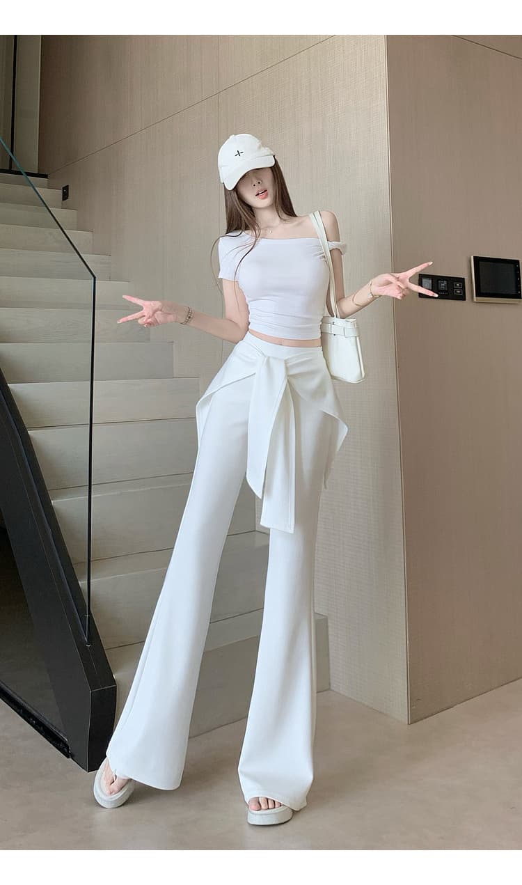 랩스커트팬츠 스트랩 부츠컷 바지 여성 하이웨이스트 몸매 가꾸기 슬림해 보이는 캐주얼 바지 검정색 화이트 패션 찹쌀 나팔 바지 상세 이미지 15