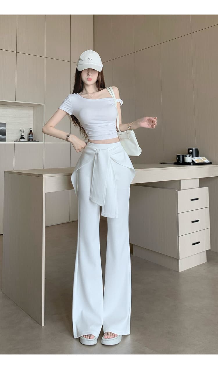 랩스커트팬츠 스트랩 부츠컷 바지 여성 하이웨이스트 몸매 가꾸기 슬림해 보이는 캐주얼 바지 검정색 화이트 패션 찹쌀 나팔 바지 상세 이미지 16