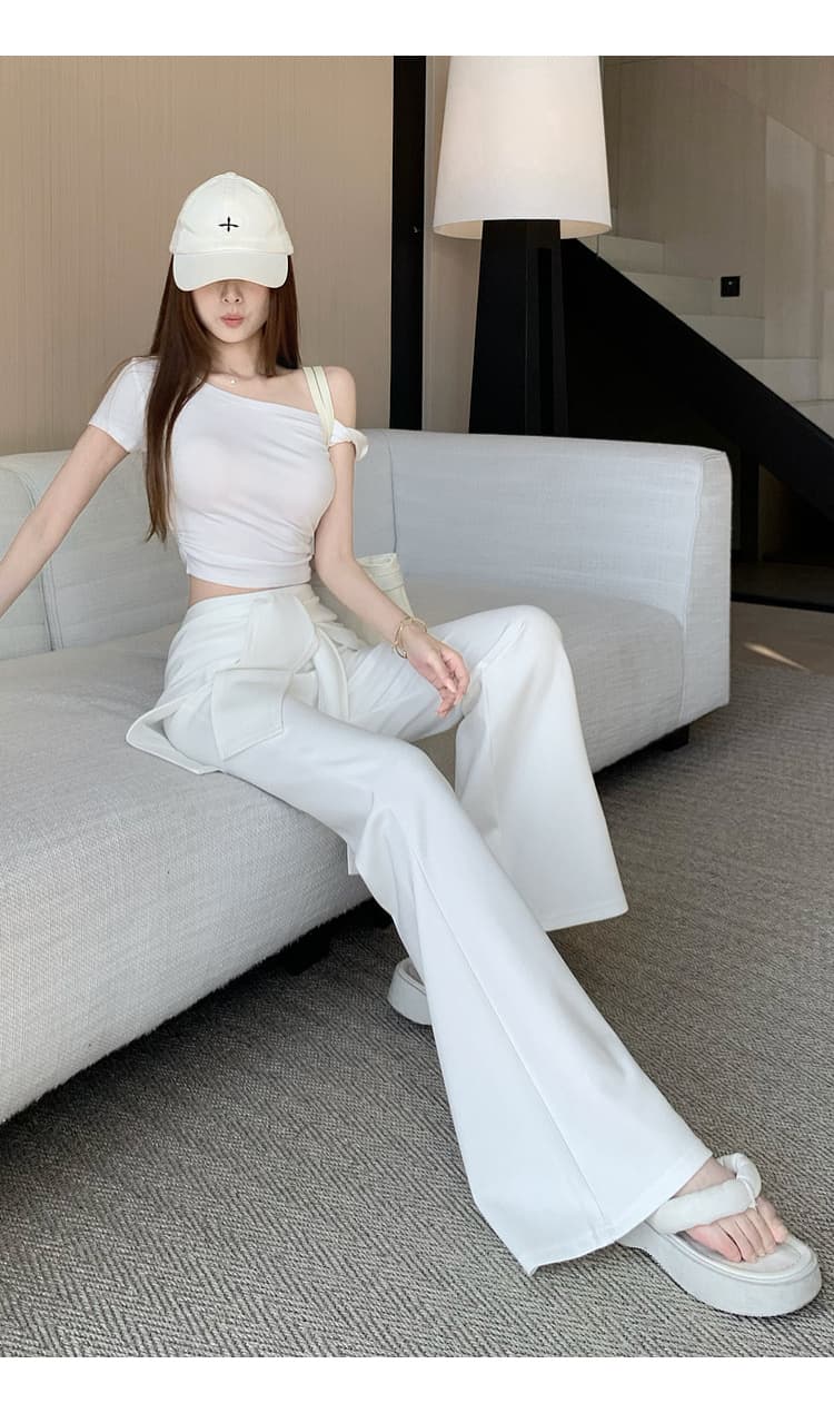 랩스커트팬츠 스트랩 부츠컷 바지 여성 하이웨이스트 몸매 가꾸기 슬림해 보이는 캐주얼 바지 검정색 화이트 패션 찹쌀 나팔 바지 상세 이미지 17