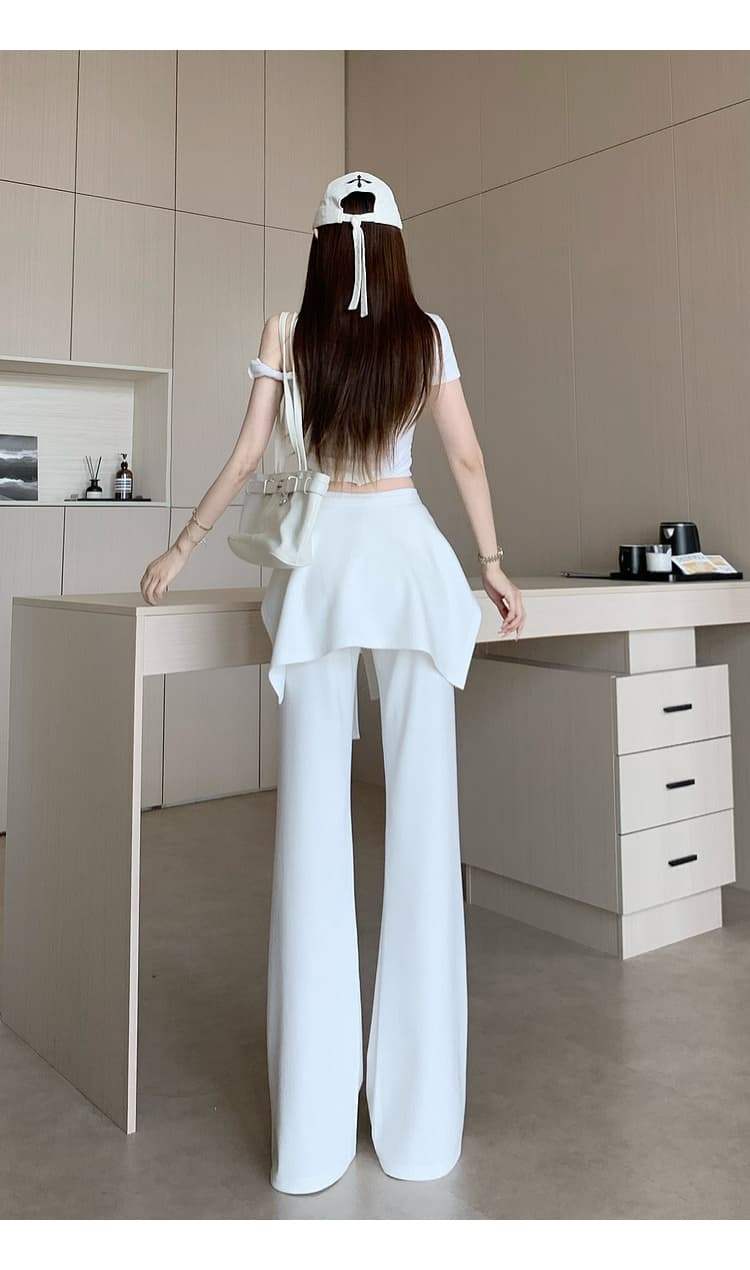 랩스커트팬츠 스트랩 부츠컷 바지 여성 하이웨이스트 몸매 가꾸기 슬림해 보이는 캐주얼 바지 검정색 화이트 패션 찹쌀 나팔 바지 상세 이미지 18