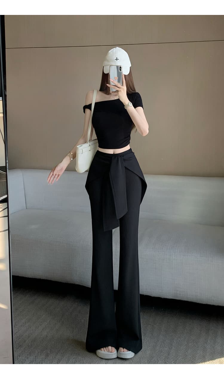 랩스커트팬츠 스트랩 부츠컷 바지 여성 하이웨이스트 몸매 가꾸기 슬림해 보이는 캐주얼 바지 검정색 화이트 패션 찹쌀 나팔 바지 상세 이미지 25