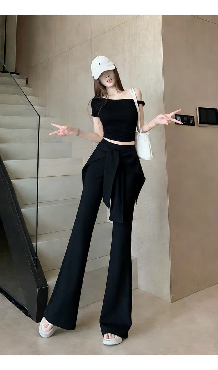랩스커트팬츠 스트랩 부츠컷 바지 여성 하이웨이스트 몸매 가꾸기 슬림해 보이는 캐주얼 바지 검정색 화이트 패션 찹쌀 나팔 바지 상세 이미지 27