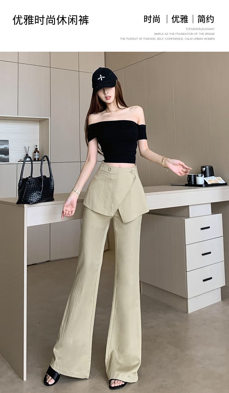 카키 색 탈착식 랩스커트팬츠 부츠컷 캐주얼 바지 여성 디자인 센스 봄 여름 새로운 패션 다용도 와이드 레그 팬츠 상세 이미지 1