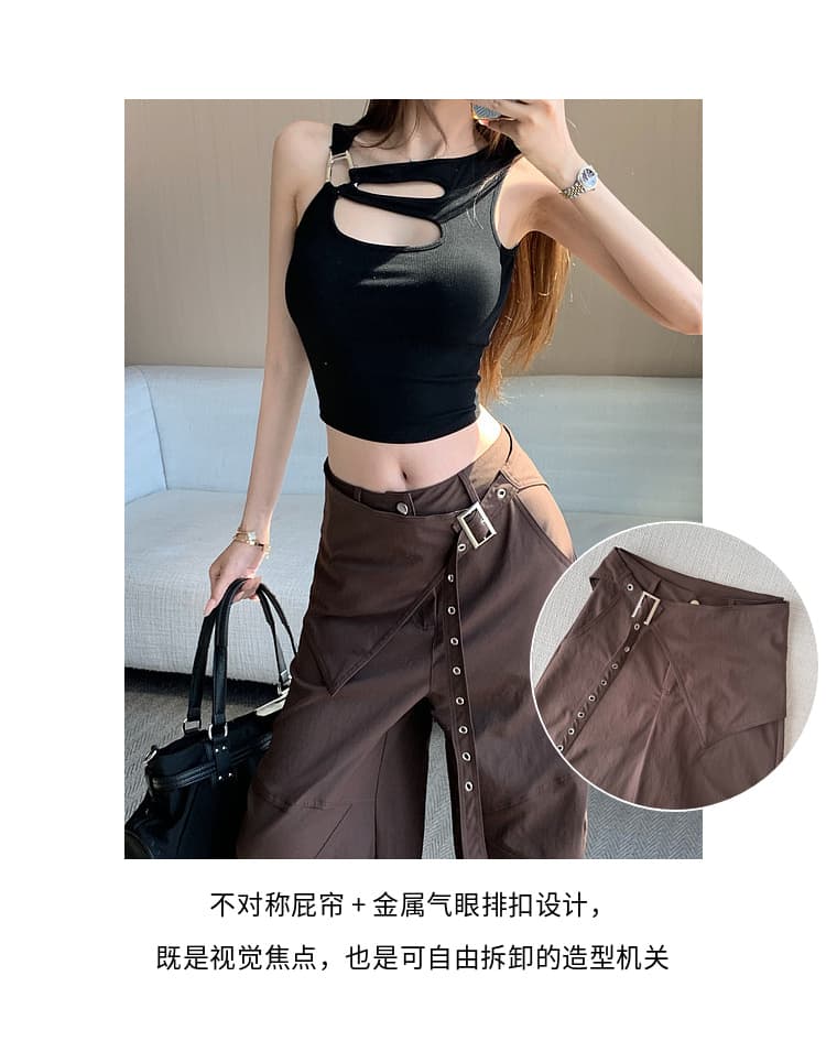 커피 색상 두 조각 탈착식 랩스커트팬츠 워크웨어 팬츠 여성 봄 여름 얇은 2026 새로운 디자인 센스 루즈핏 넓은 다리 운동 바지 상세 이미지 5
