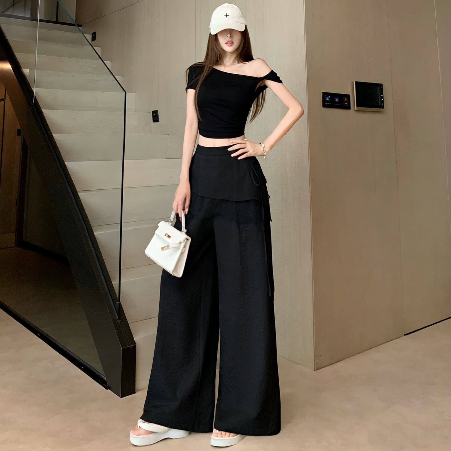 불규칙 디자인 센스 레이스 조각 치마바지 캐주얼 바지 여성 새로운 세련된 다용도 단색 랩스커트팬츠 와이드 레그 팬츠 이미지 5