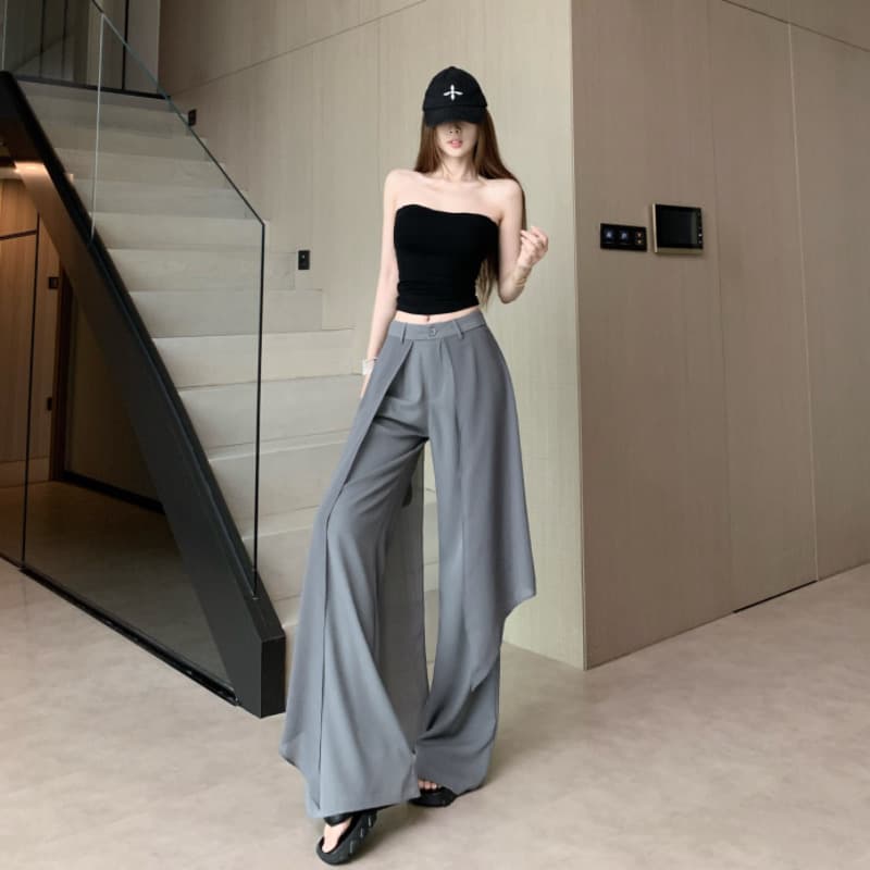 회색 세련된 패치워크 와이드 레깅스 바지 2026 여름 새로운 하이웨이스트 슬림해 보이는 작은 대중 루즈핏 랩스커트팬츠 캐주얼 슬랙스