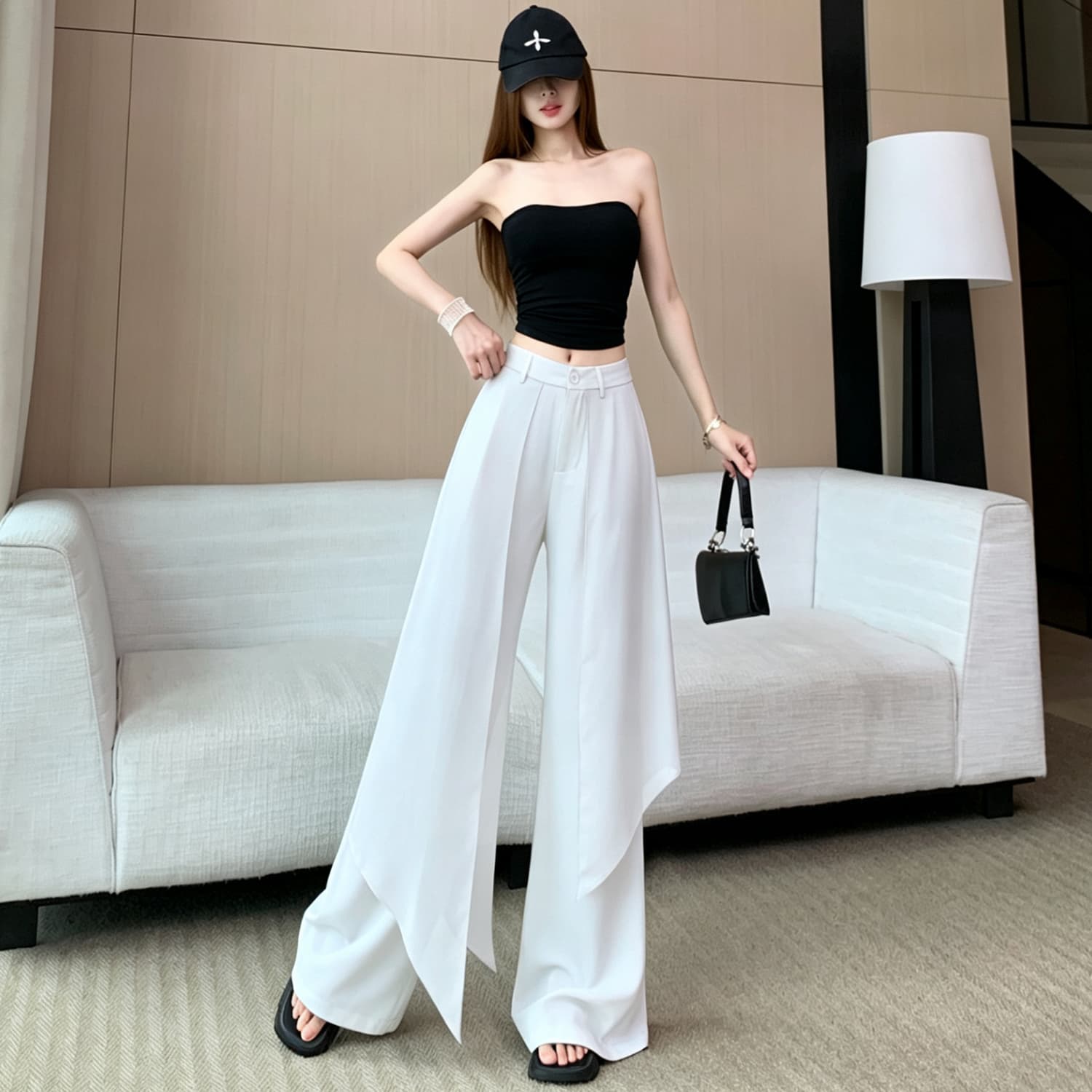 회색 세련된 패치워크 와이드 레깅스 바지 2026 여름 새로운 하이웨이스트 슬림해 보이는 작은 대중 루즈핏 랩스커트팬츠 캐주얼 슬랙스 이미지 3