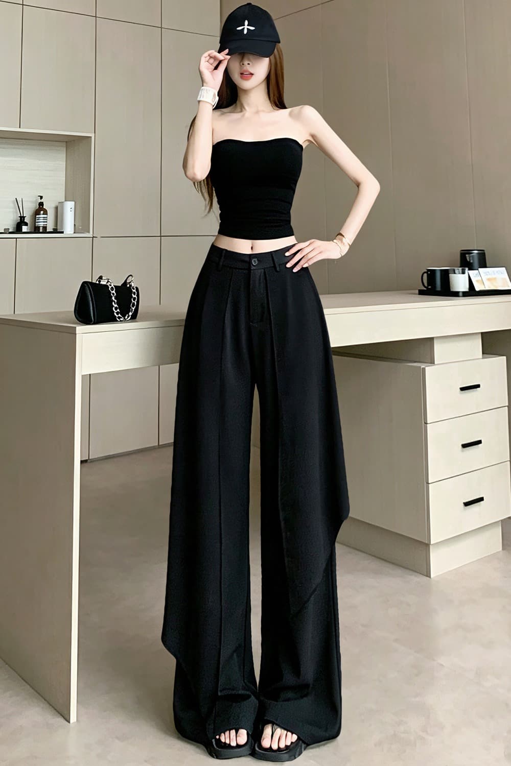 회색 세련된 패치워크 와이드 레깅스 바지 2026 여름 새로운 하이웨이스트 슬림해 보이는 작은 대중 루즈핏 랩스커트팬츠 캐주얼 슬랙스 이미지 6
