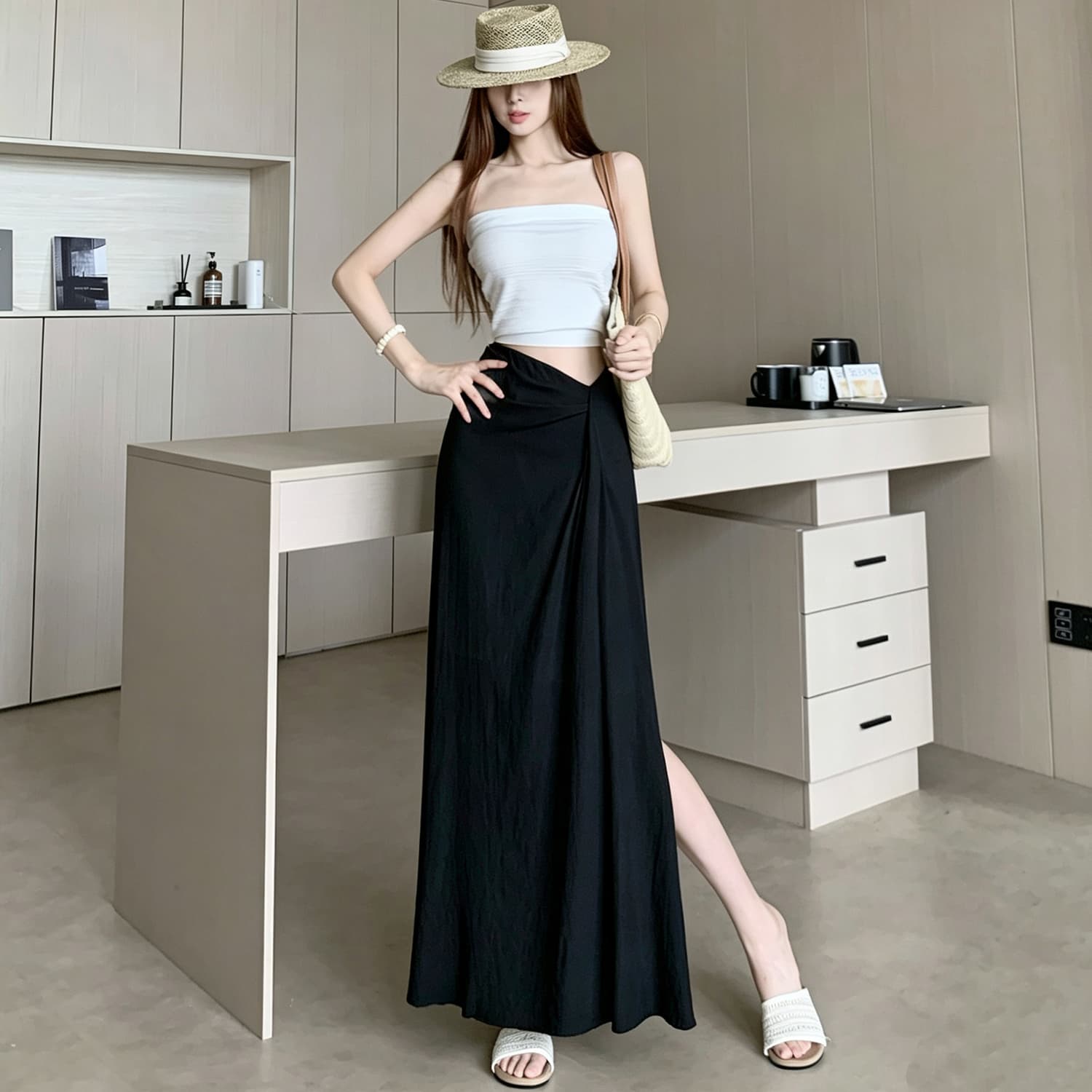 한 부서 작은 대중 불규칙 3 차원 측면 수신 Pleat 반신 스커트 26 여름 새로운 하이웨이스트 슬림해 보이는 한 마디 롱 스커트 이미지 4