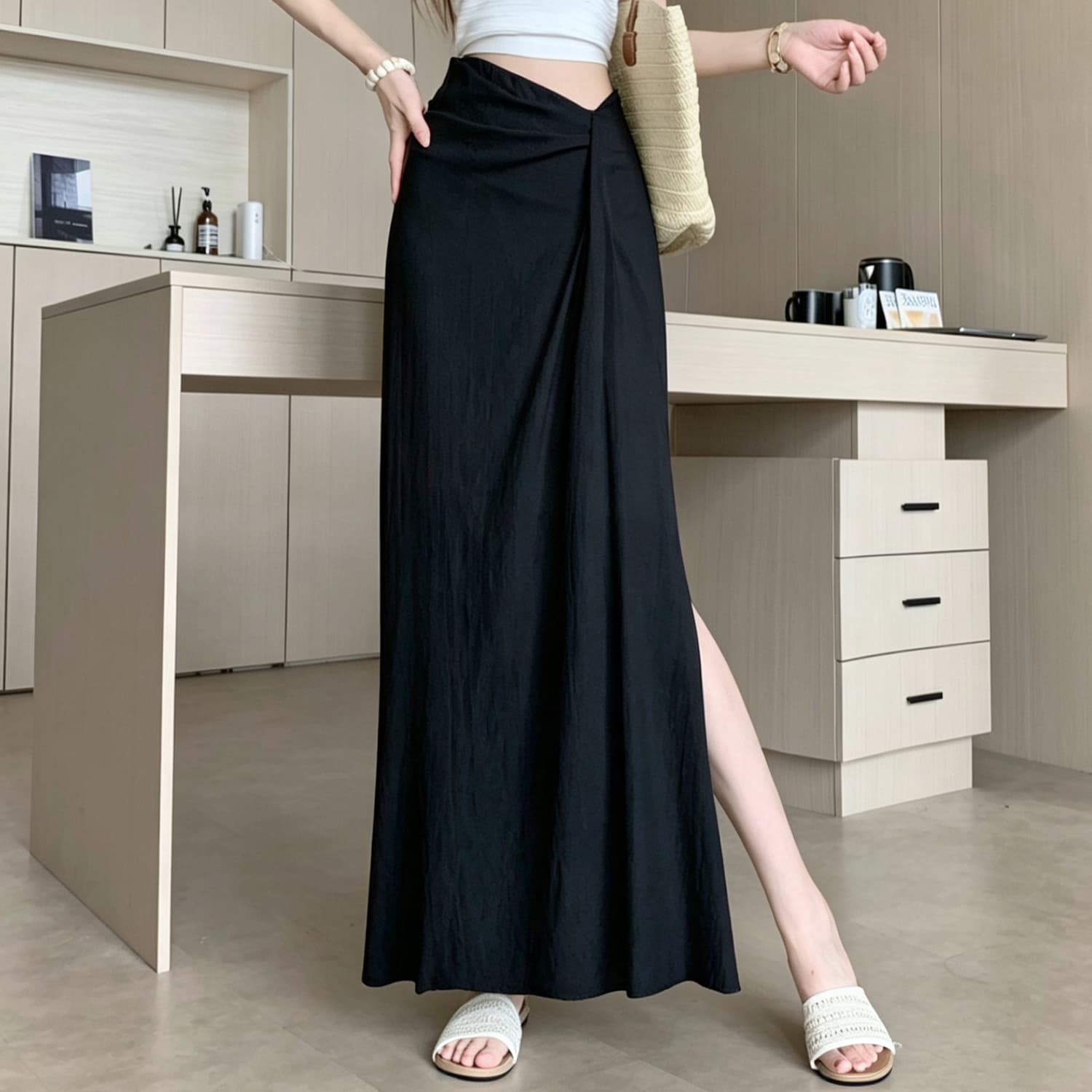 한 부서 작은 대중 불규칙 3 차원 측면 수신 Pleat 반신 스커트 26 여름 새로운 하이웨이스트 슬림해 보이는 한 마디 롱 스커트 이미지 3