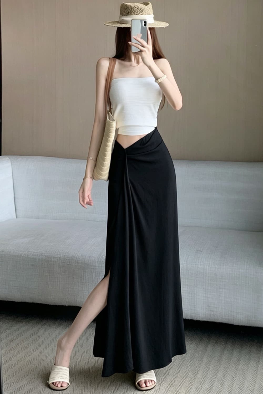 한 부서 작은 대중 불규칙 3 차원 측면 수신 Pleat 반신 스커트 26 여름 새로운 하이웨이스트 슬림해 보이는 한 마디 롱 스커트 이미지 6