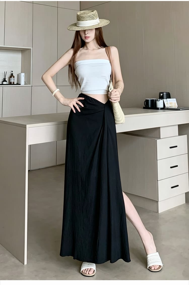 한 부서 작은 대중 불규칙 3 차원 측면 수신 Pleat 반신 스커트 26 여름 새로운 하이웨이스트 슬림해 보이는 한 마디 롱 스커트 상세 이미지 29