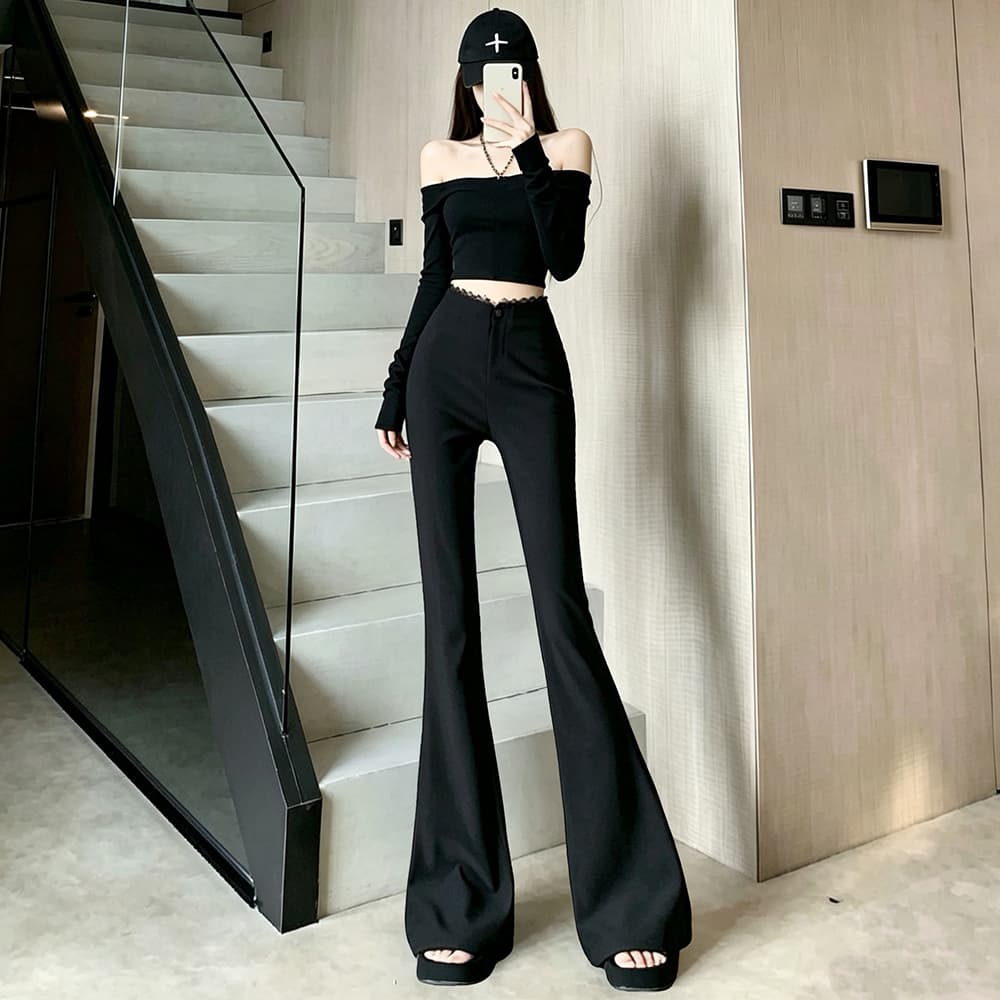 검정색 레이스 조각 허리 머리 부츠컷 바지 여성 새로운 몸매 가꾸기 슬림해 보이는 패션 하이웨이스트 캐주얼 바지 도루 센스 바닥 청소 바지 이미지 3