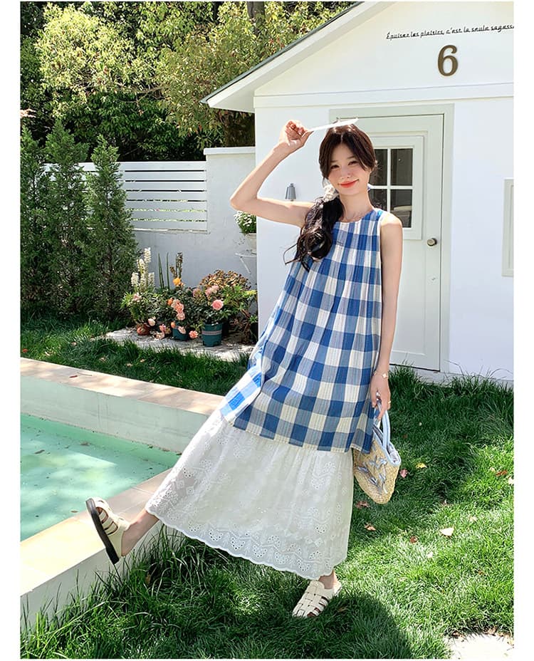 맞춤 무거운 작업 파란색 체크무늬 조끼 여름 새로운 달콤함 연령 감소 조끼 스커트 상세 이미지 10