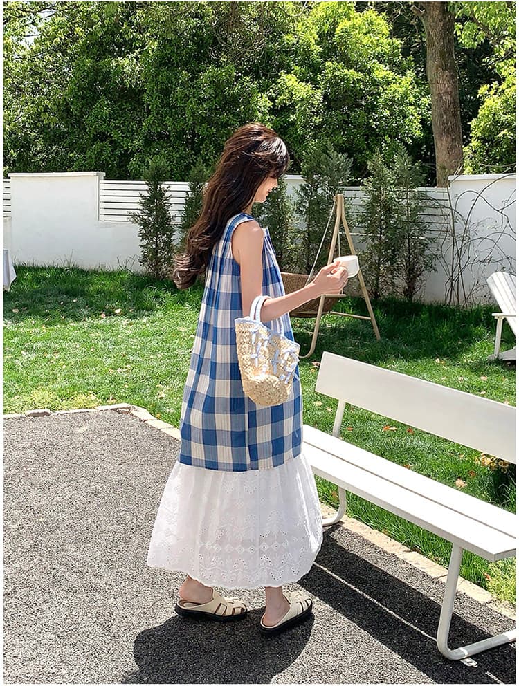 맞춤 무거운 작업 파란색 체크무늬 조끼 여름 새로운 달콤함 연령 감소 조끼 스커트 상세 이미지 11